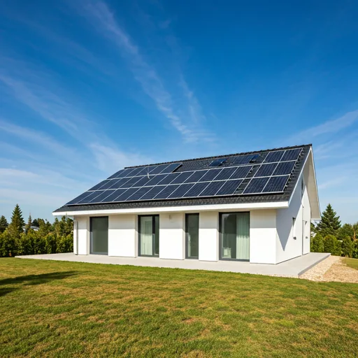 Villa moderna blanca con paneles solares en el techo en un día soleado